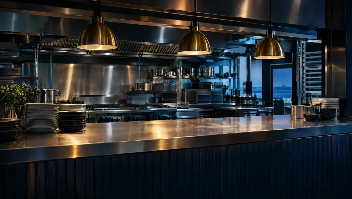 A commercial kitchen with stainless steel benches and pendant lights